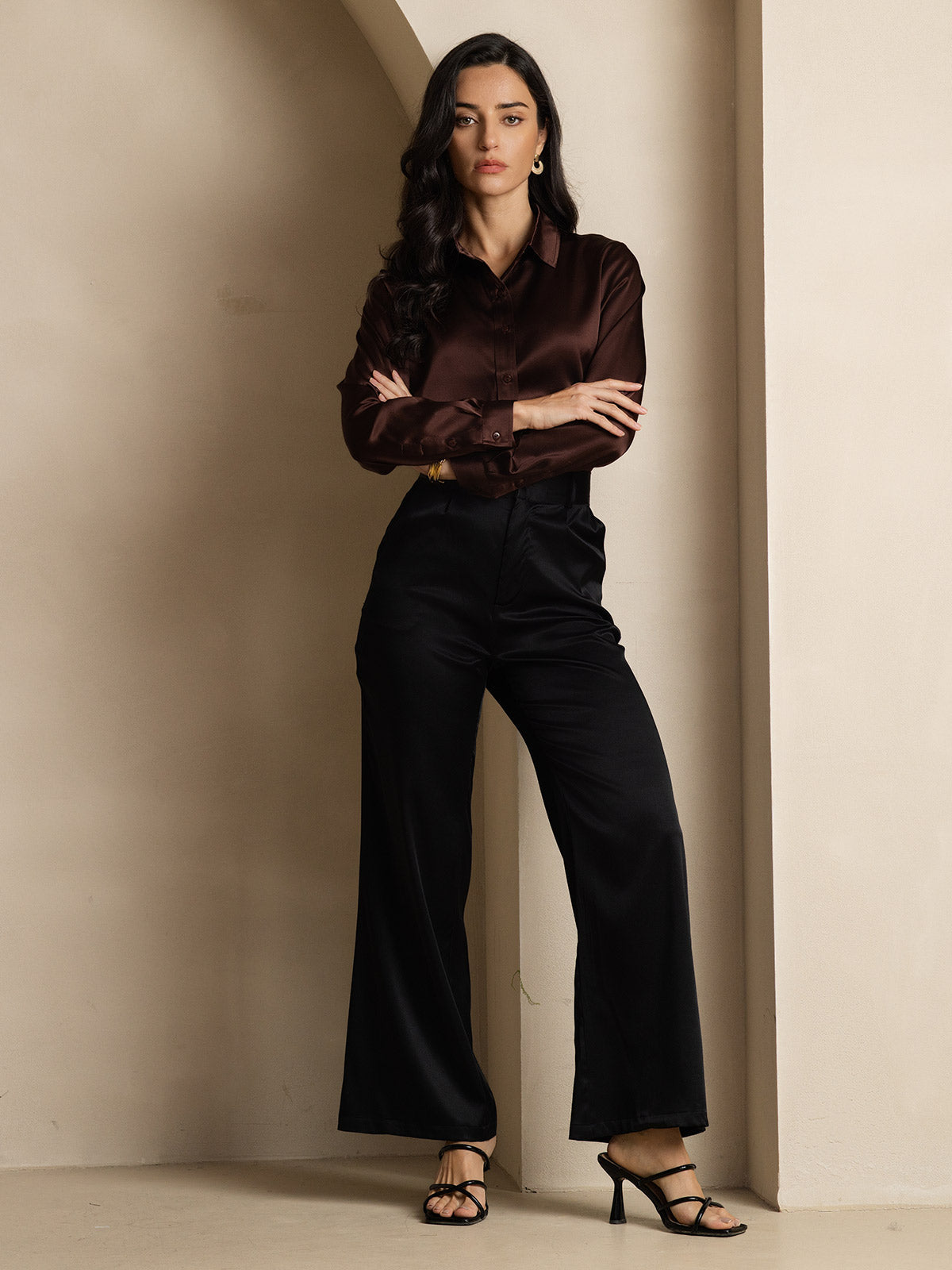 [Coffee] SilkSilky-AU 19Momme Stretch Silk Charmeuse Long Sleeve Lapel Collar Women's Shirt 008