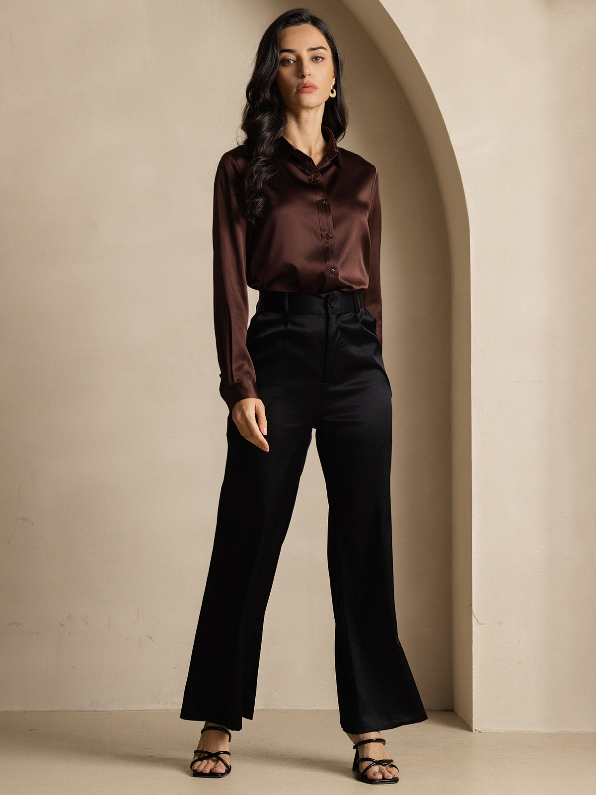 [Coffee] SilkSilky-AU 19Momme Stretch Silk Charmeuse Long Sleeve Lapel Collar Women's Shirt 009