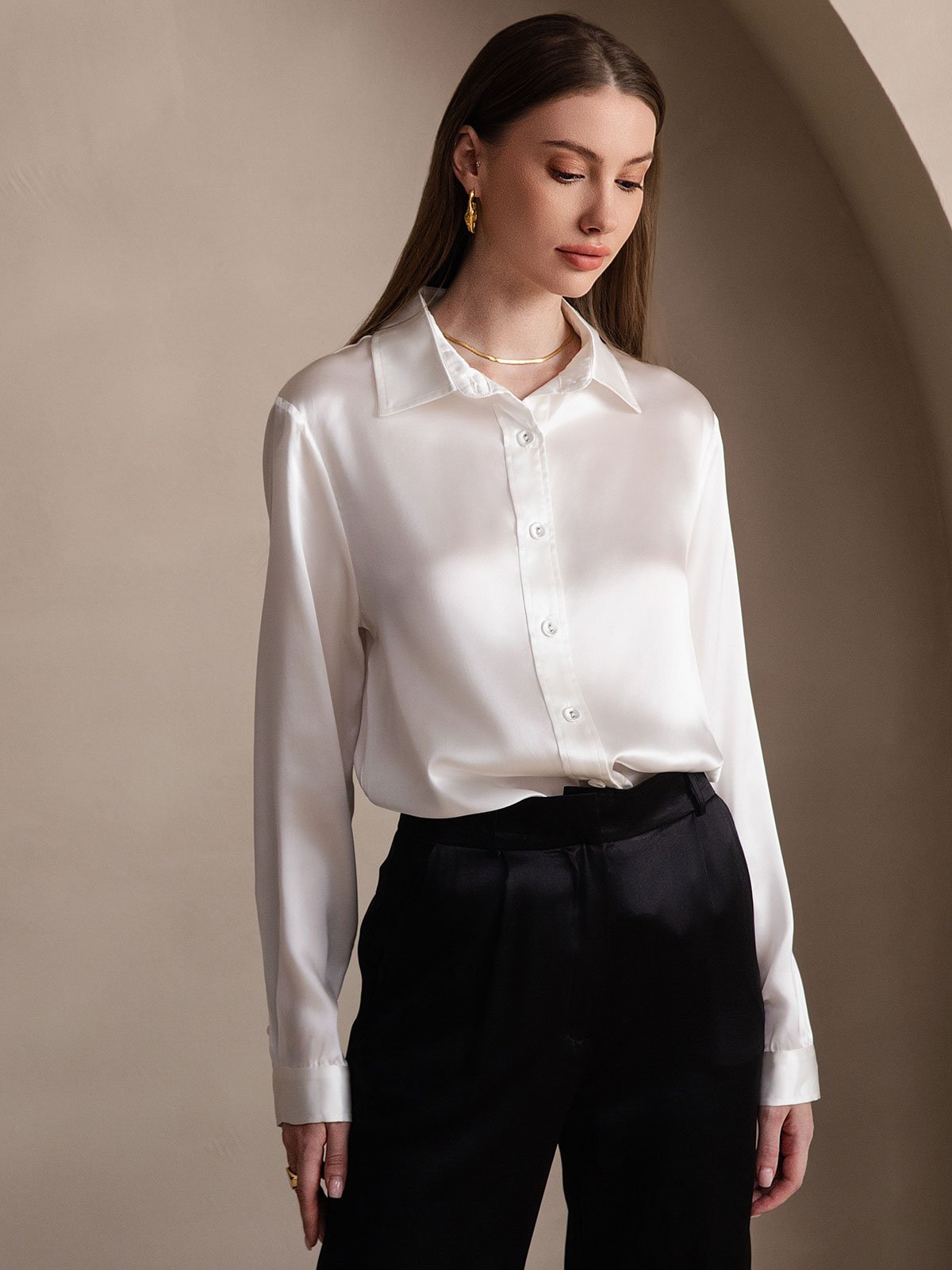 [White] SilkSilky-AU 19Momme Stretch Silk Charmeuse Long Sleeve Lapel Collar Women's Shirt 001
