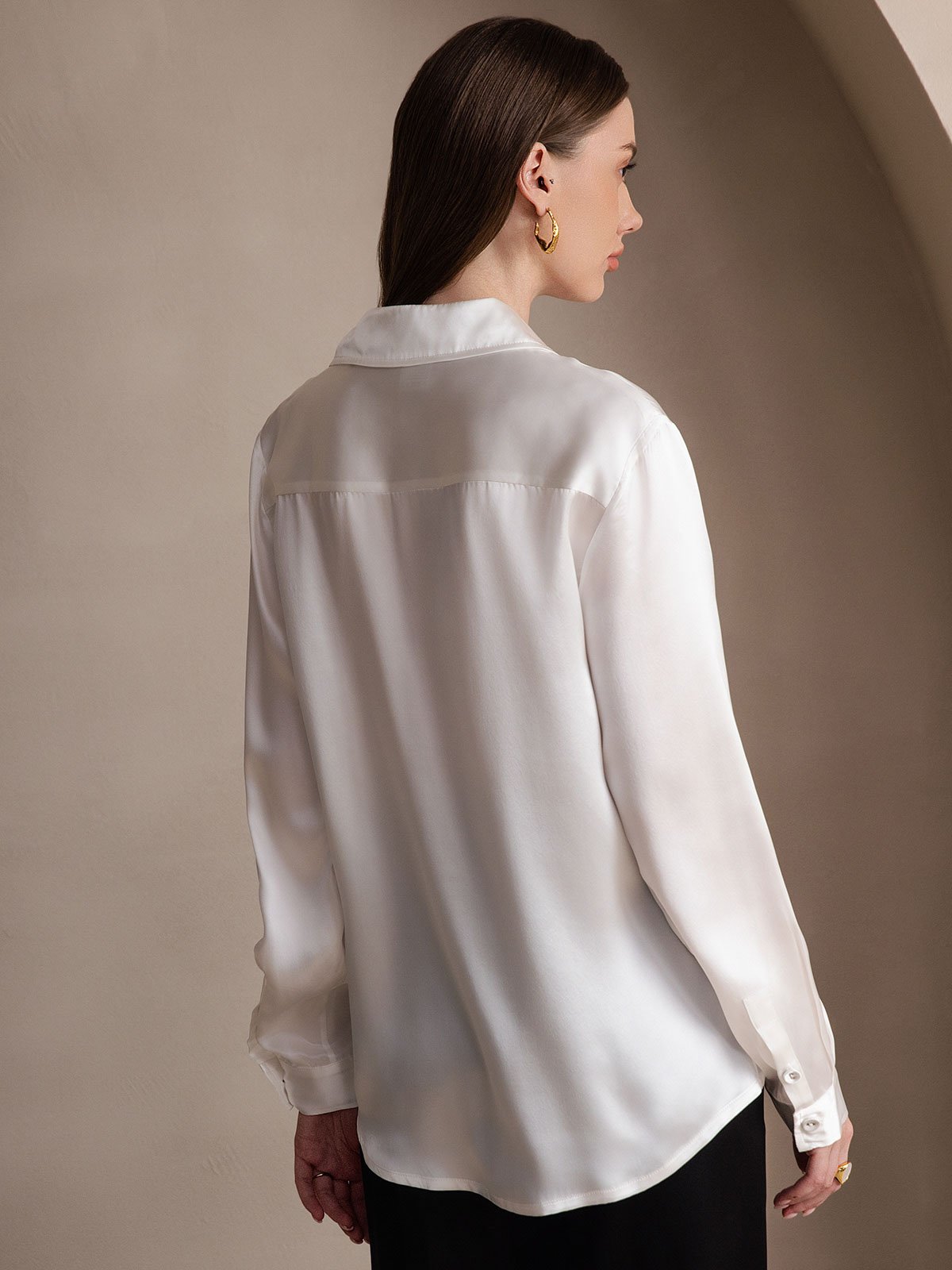 [White] SilkSilky-AU 19Momme Stretch Silk Charmeuse Long Sleeve Lapel Collar Women's Shirt 002