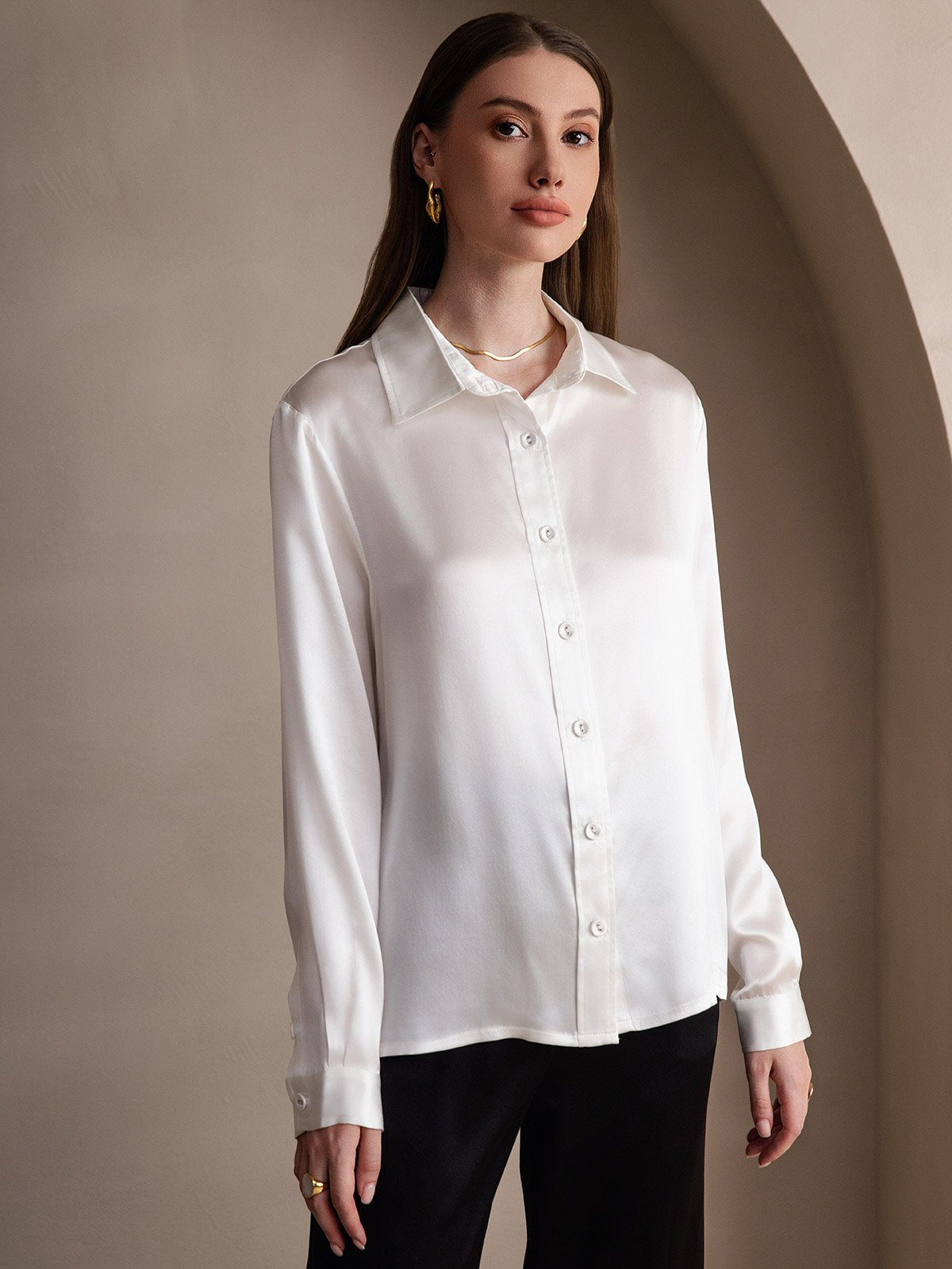 [White] SilkSilky-AU 19Momme Stretch Silk Charmeuse Long Sleeve Lapel Collar Women's Shirt 003