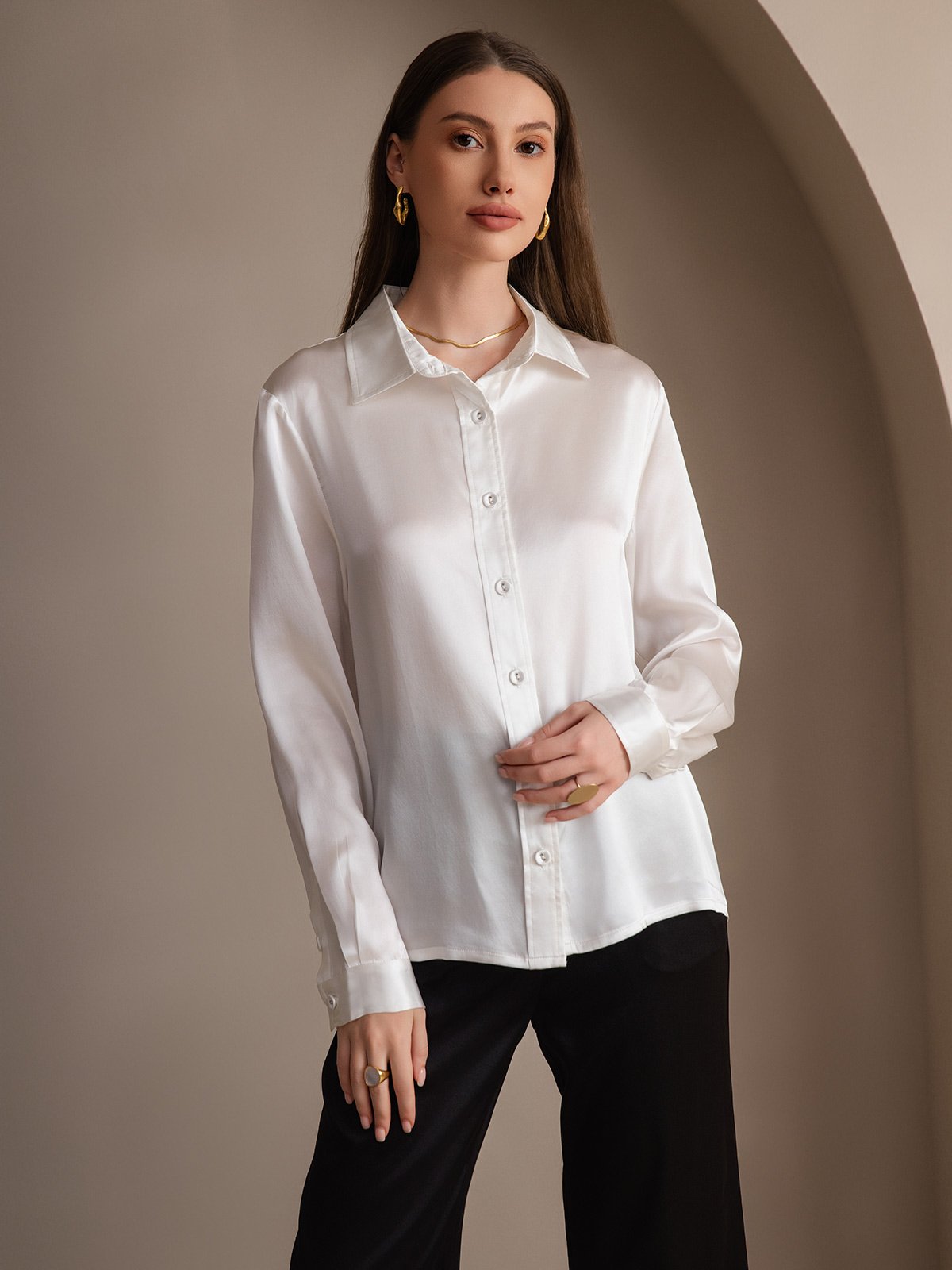 [White] SilkSilky-AU 19Momme Stretch Silk Charmeuse Long Sleeve Lapel Collar Women's Shirt 004
