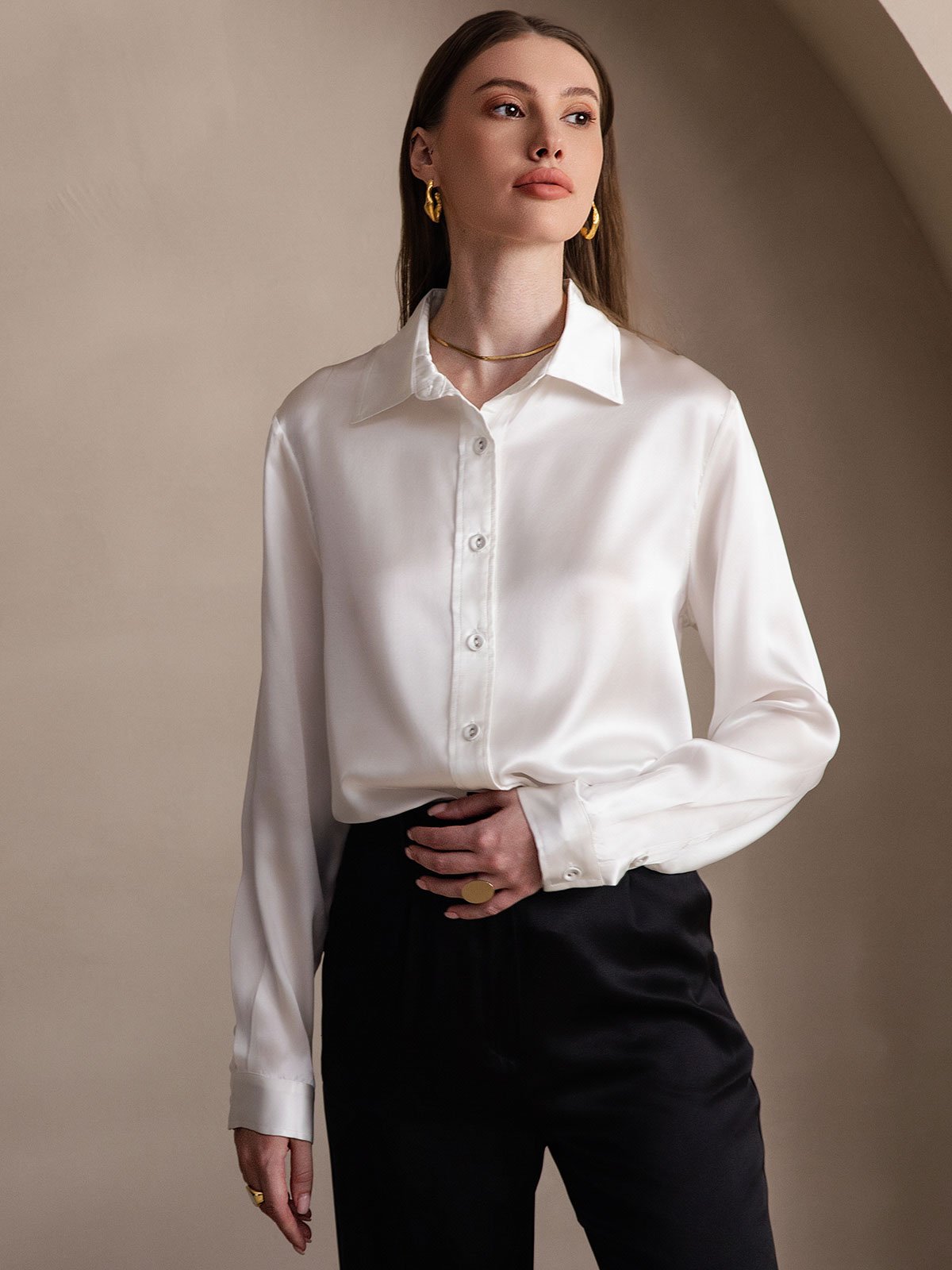 [White] SilkSilky-AU 19Momme Stretch Silk Charmeuse Long Sleeve Lapel Collar Women's Shirt 005