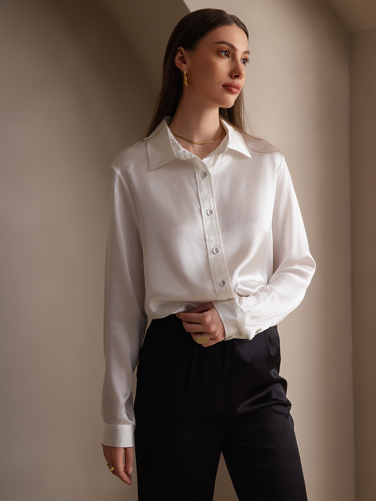[White] SilkSilky-AU 19Momme Stretch Silk Charmeuse Long Sleeve Lapel Collar Women's Shirt 006