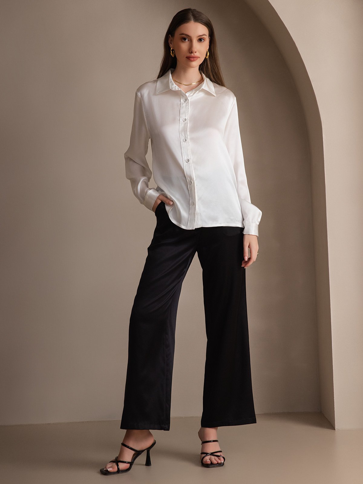 [White] SilkSilky-AU 19Momme Stretch Silk Charmeuse Long Sleeve Lapel Collar Women's Shirt 007