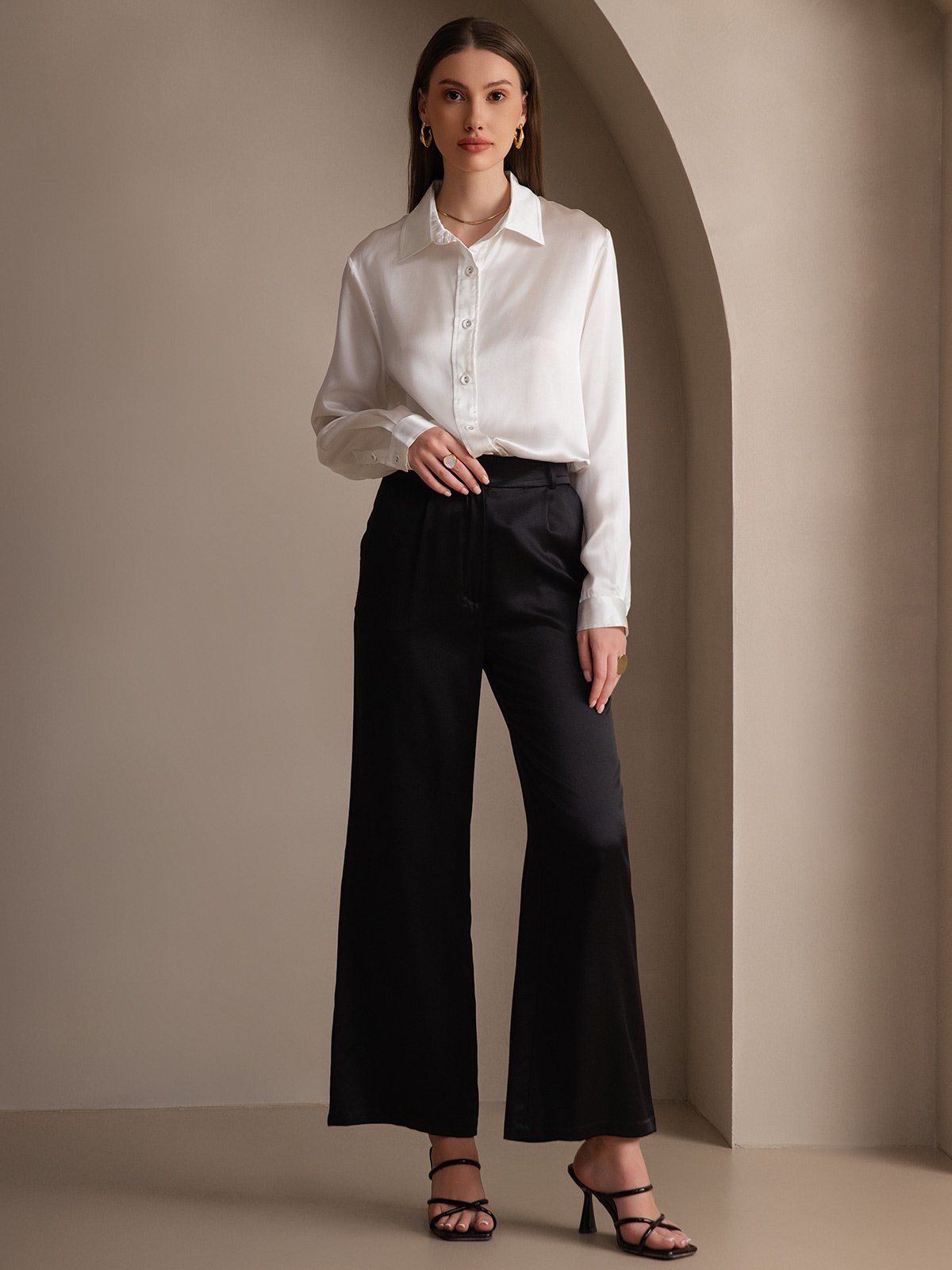 [White] SilkSilky-AU 19Momme Stretch Silk Charmeuse Long Sleeve Lapel Collar Women's Shirt 008