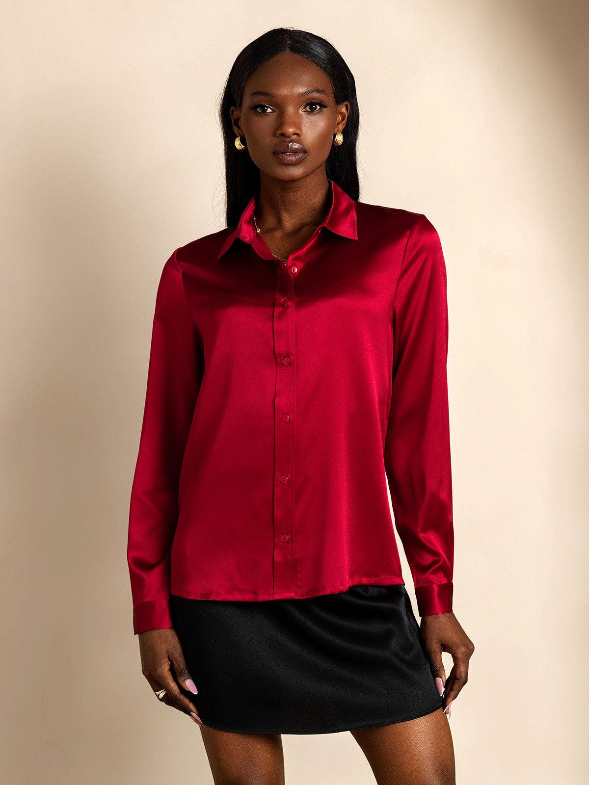 [Wine] SilkSilky-AU 19Momme Stretch Silk Charmeuse Long Sleeve Lapel Collar Women's Shirt 001