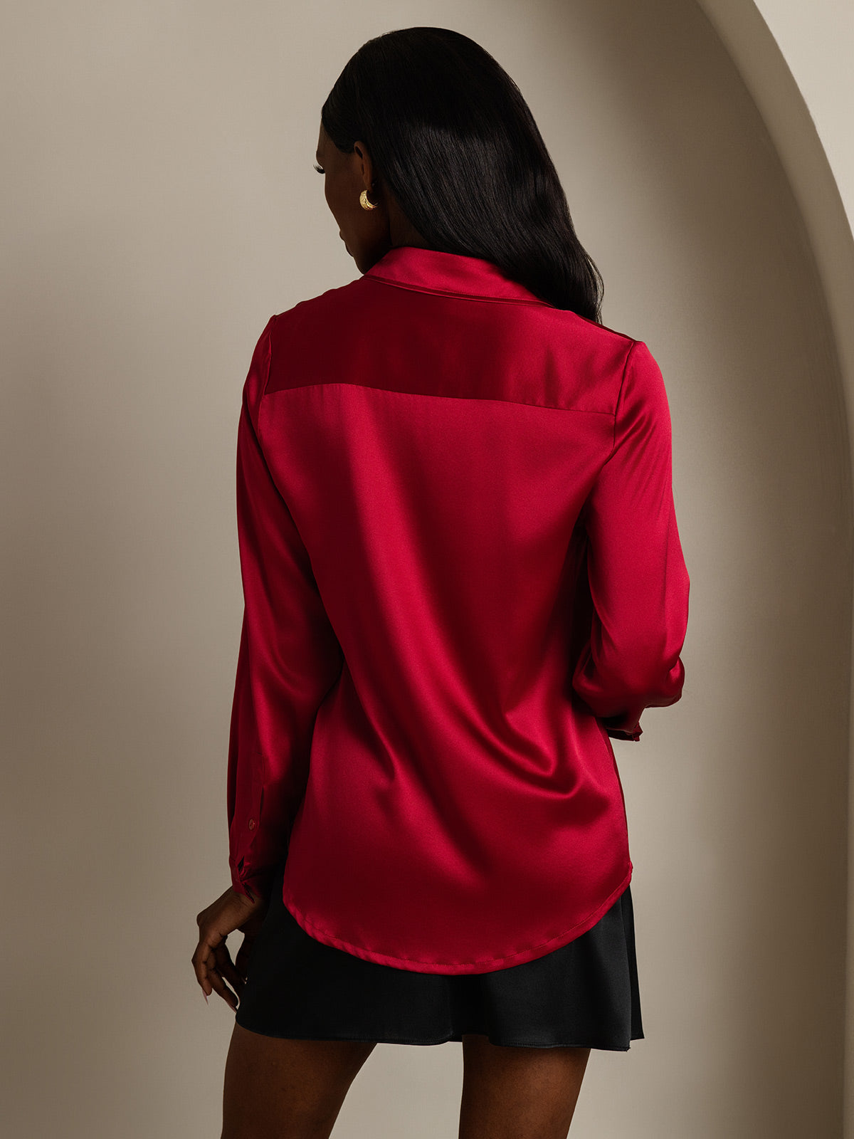 [Wine] SilkSilky-AU 19Momme Stretch Silk Charmeuse Long Sleeve Lapel Collar Women's Shirt 002