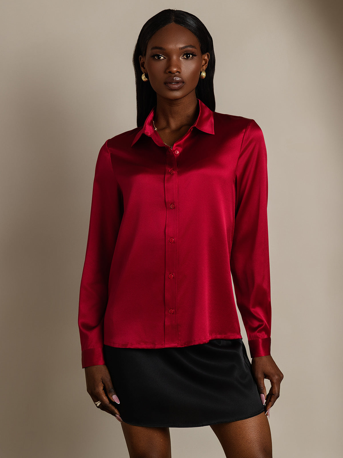 [Wine] SilkSilky-AU 19Momme Stretch Silk Charmeuse Long Sleeve Lapel Collar Women's Shirt 003