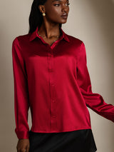 [Wine] SilkSilky-AU 19Momme Stretch Silk Charmeuse Long Sleeve Lapel Collar Women's Shirt 004