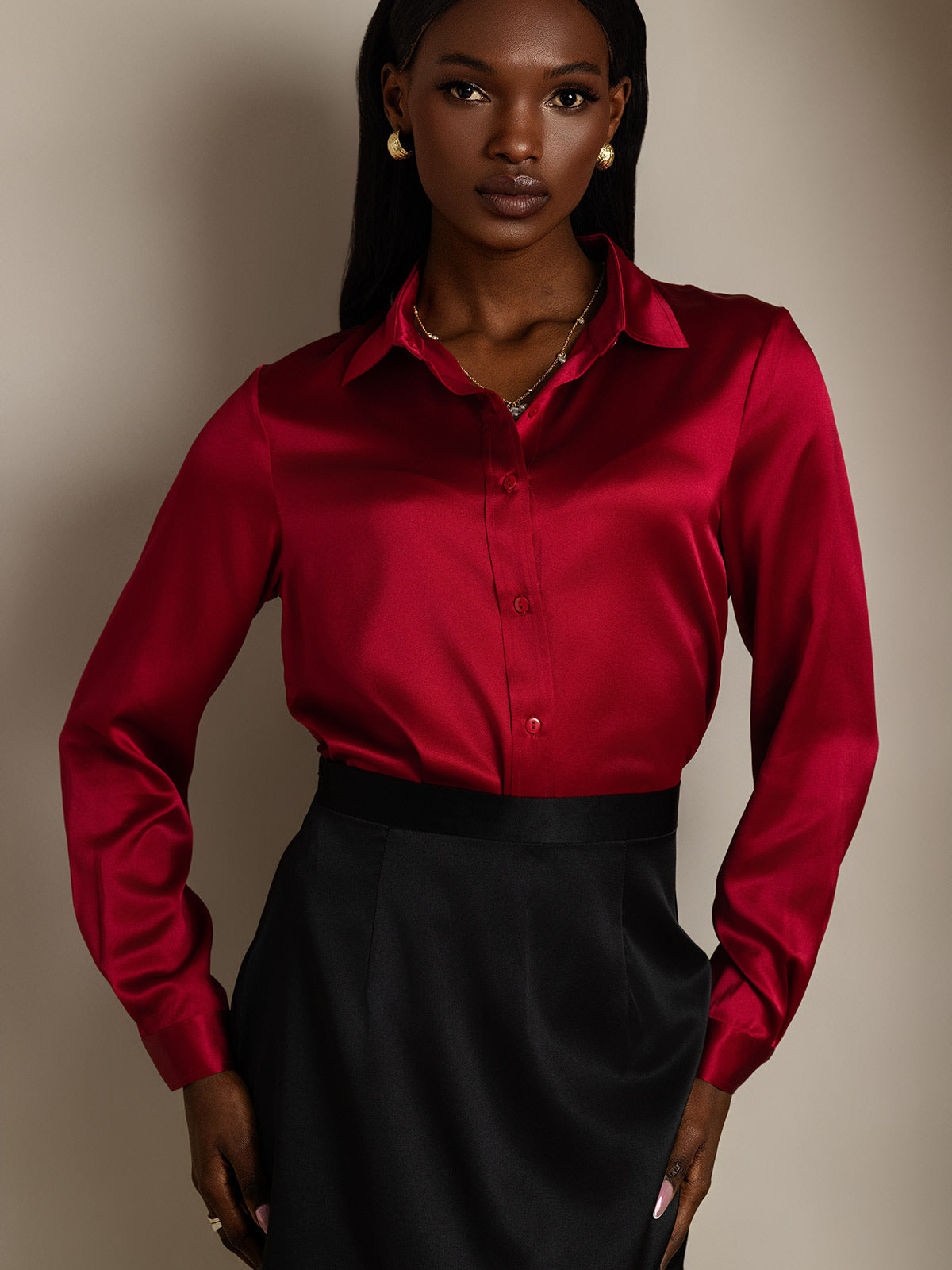 [Wine] SilkSilky-AU 19Momme Stretch Silk Charmeuse Long Sleeve Lapel Collar Women's Shirt 005