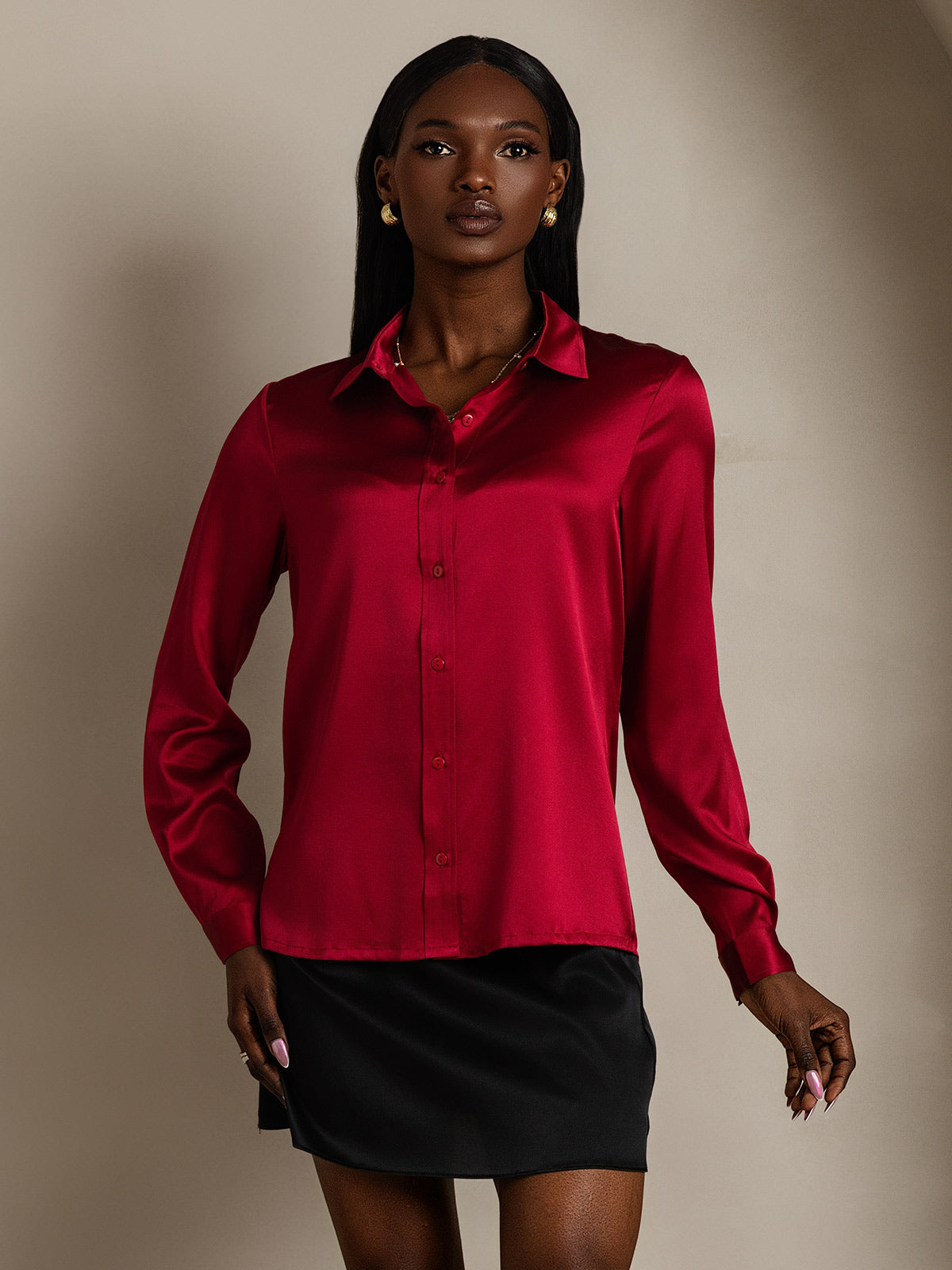 [Wine] SilkSilky-AU 19Momme Stretch Silk Charmeuse Long Sleeve Lapel Collar Women's Shirt 006