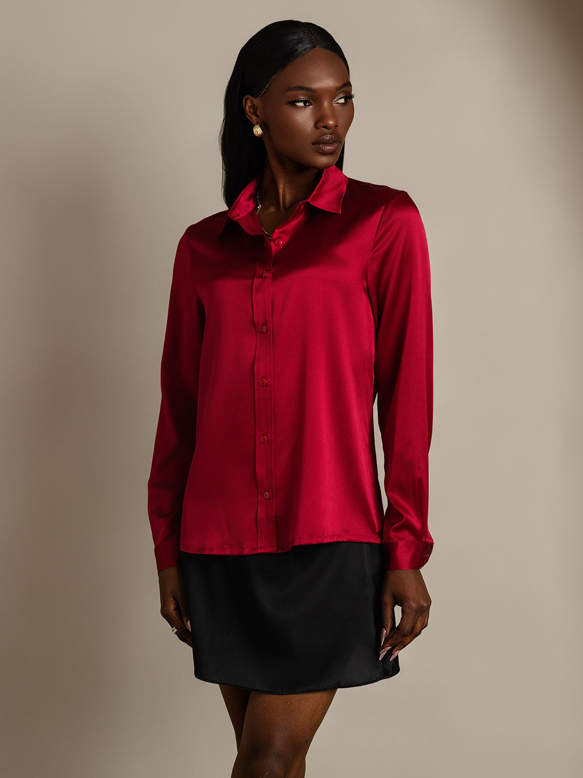 [Wine] SilkSilky-AU 19Momme Stretch Silk Charmeuse Long Sleeve Lapel Collar Women's Shirt 007