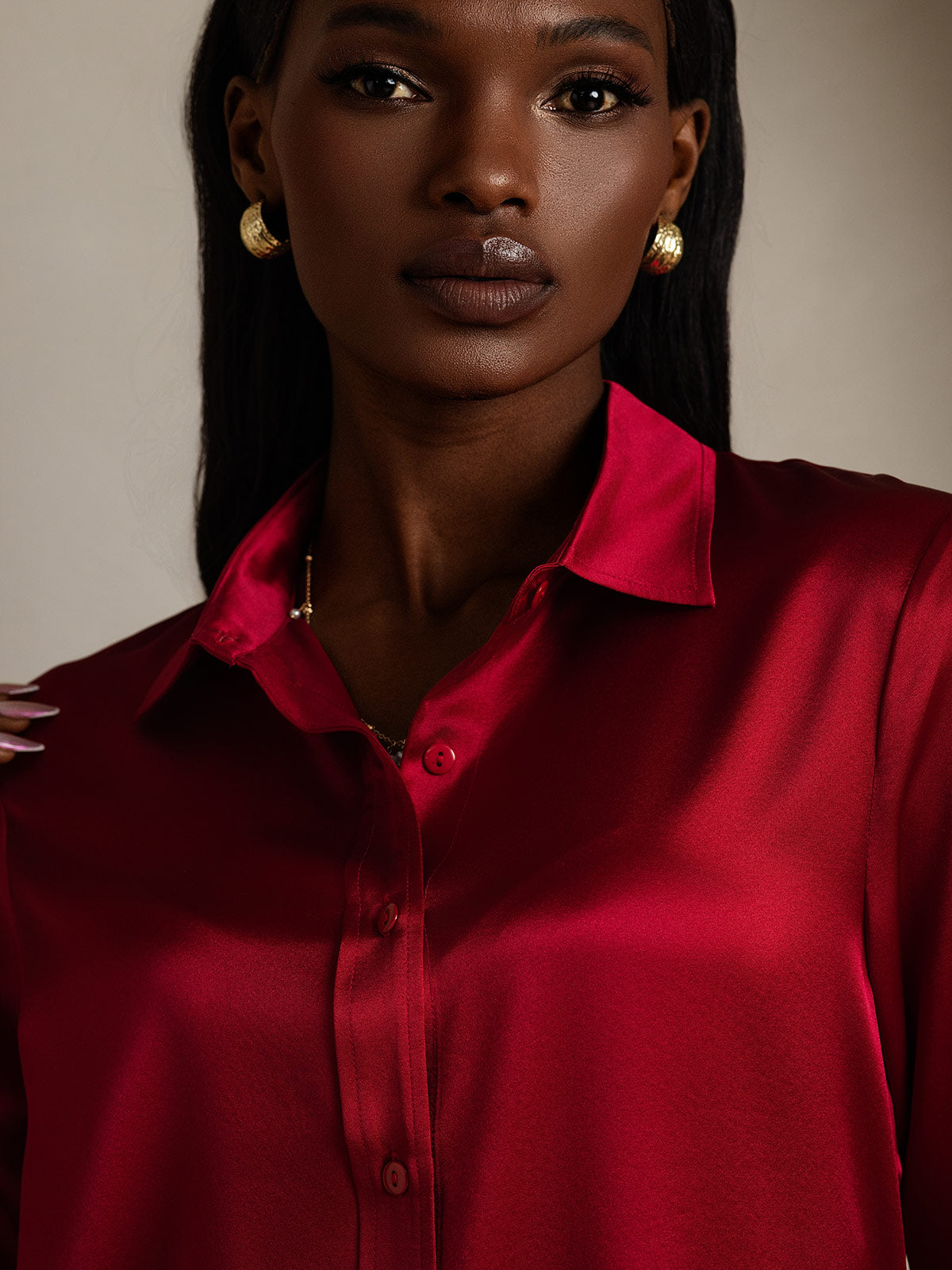 [Wine] SilkSilky-AU 19Momme Stretch Silk Charmeuse Long Sleeve Lapel Collar Women's Shirt 008