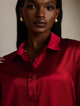 [Wine] SilkSilky-AU 19Momme Stretch Silk Charmeuse Long Sleeve Lapel Collar Women's Shirt 008