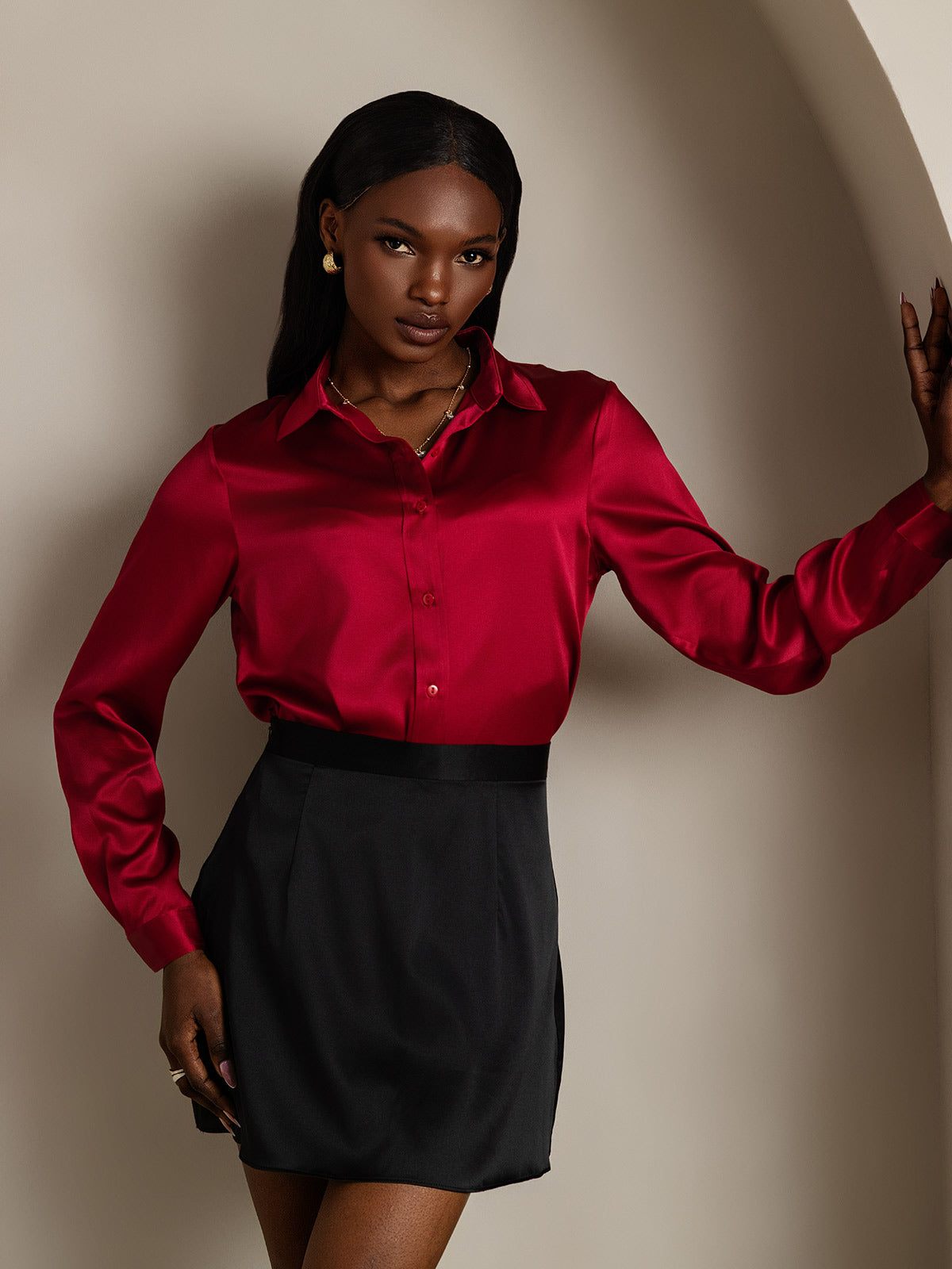[Wine] SilkSilky-AU 19Momme Stretch Silk Charmeuse Long Sleeve Lapel Collar Women's Shirt 009