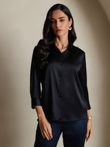 [Black] SilkSilky-AU 19Momme Stretch Silk Charmeuse 3/4 Sleeve Lapel Collar Women's Shirt 001