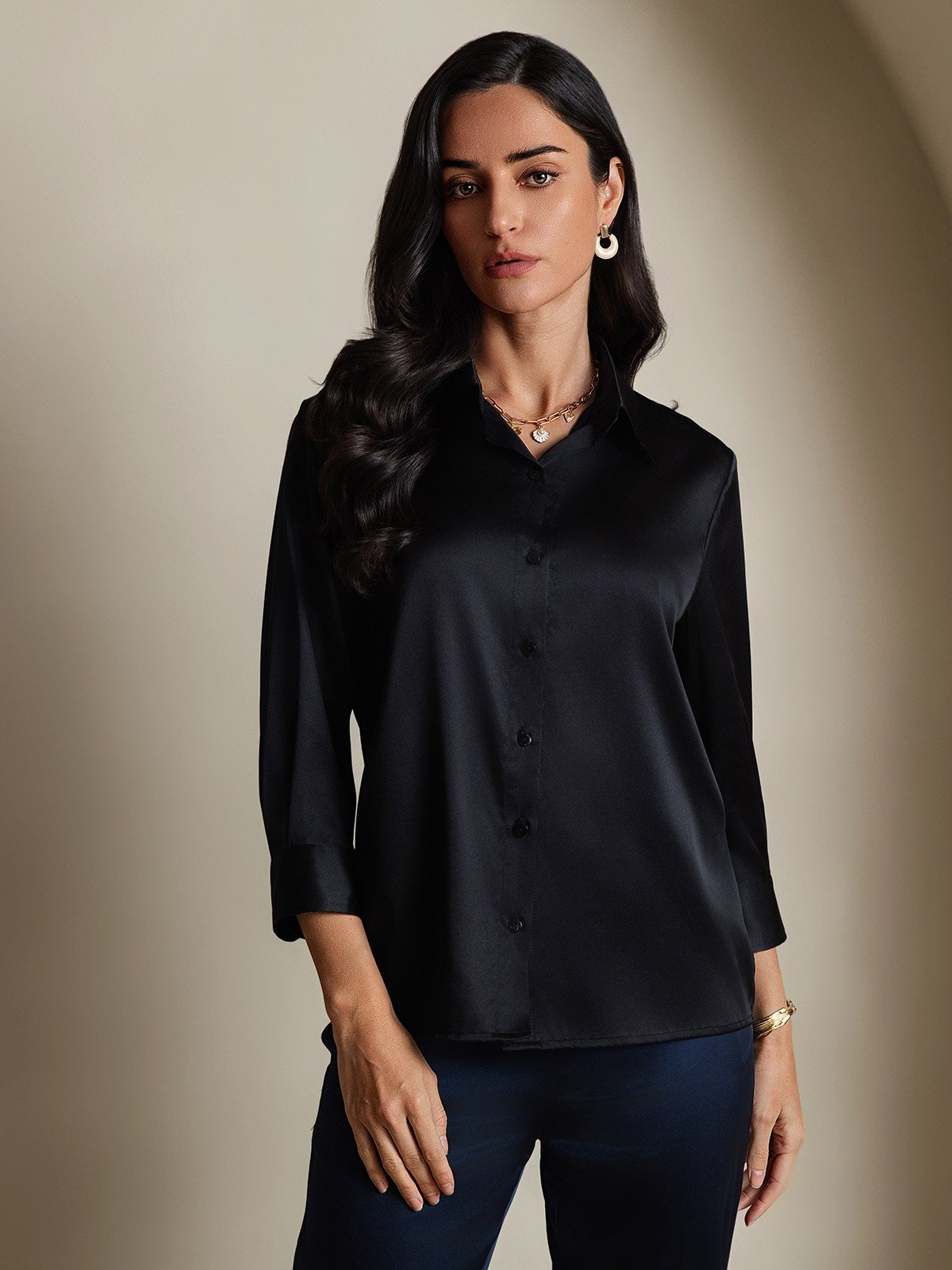 [Black] SilkSilky-AU 19Momme Silk 3/4 Sleeve Lapel Collar Women's Shirt 001
