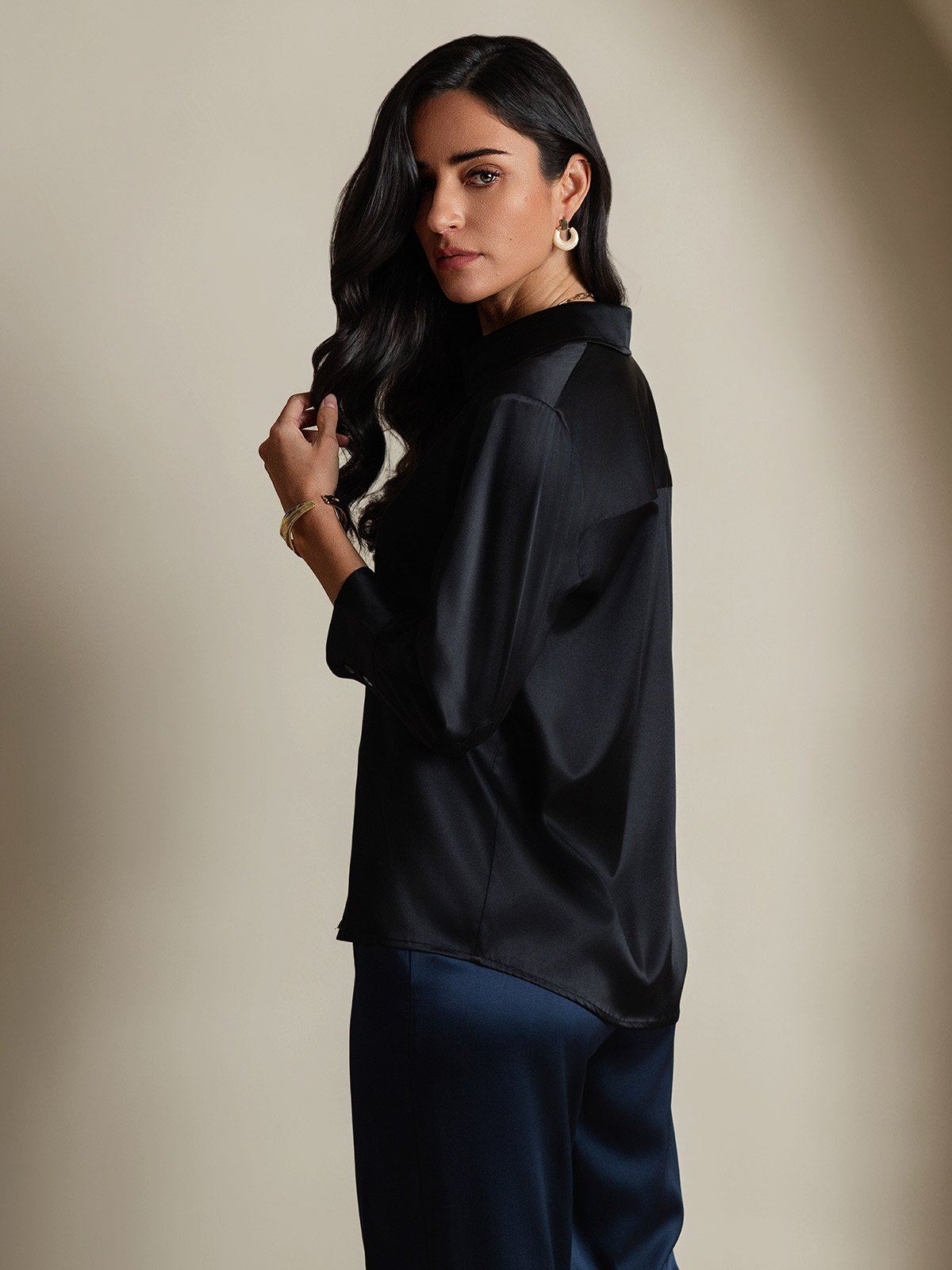 [Black] SilkSilky-AU 19Momme Silk 3/4 Sleeve Lapel Collar Women's Shirt 002