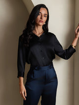 [Black] SilkSilky-AU 19Momme Stretch Silk Charmeuse 3/4 Sleeve Lapel Collar Women's Shirt 003