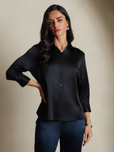 [Black] SilkSilky-AU 19Momme Stretch Silk Charmeuse 3/4 Sleeve Lapel Collar Women's Shirt 004
