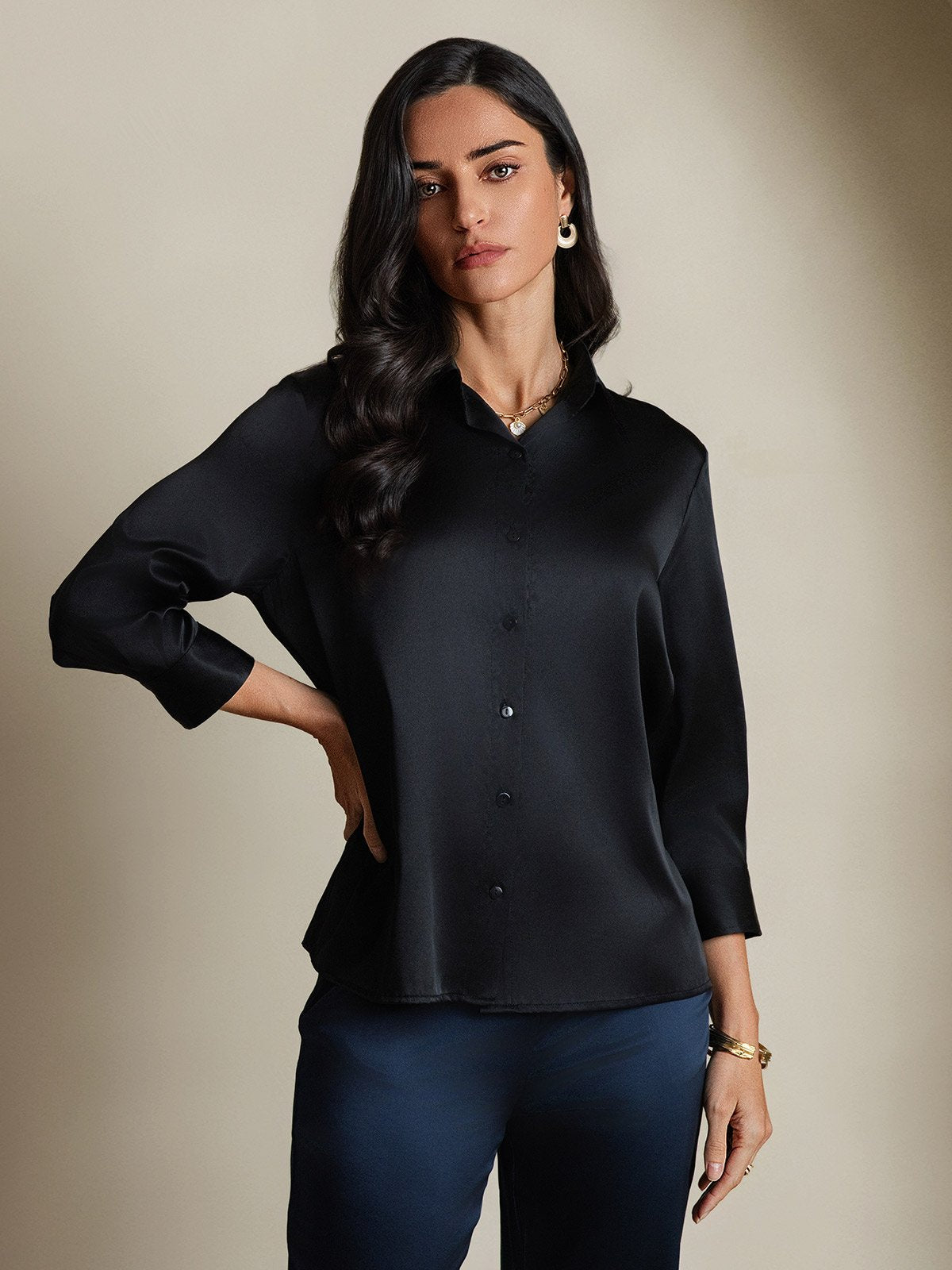 [Black] SilkSilky-AU 19Momme Silk 3/4 Sleeve Lapel Collar Women's Shirt 004