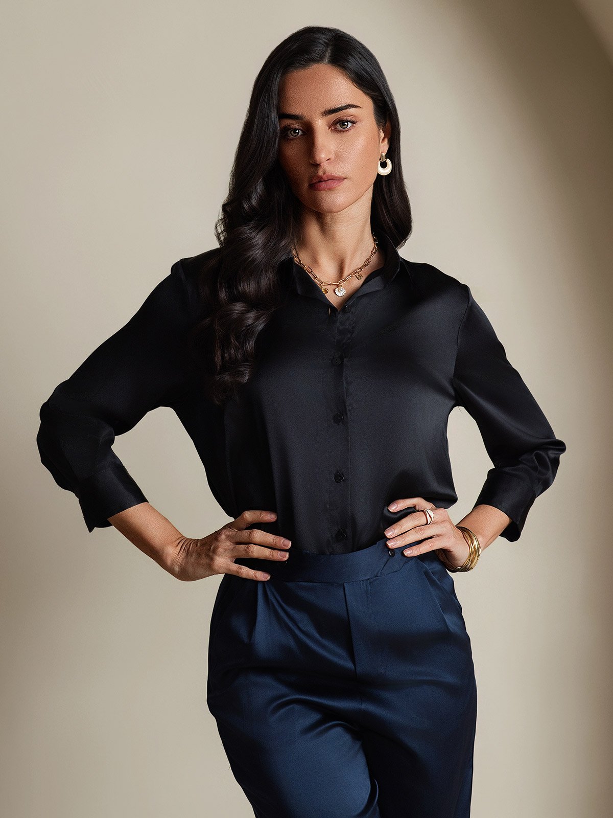 [Black] SilkSilky-AU 19Momme Silk 3/4 Sleeve Lapel Collar Women's Shirt 005