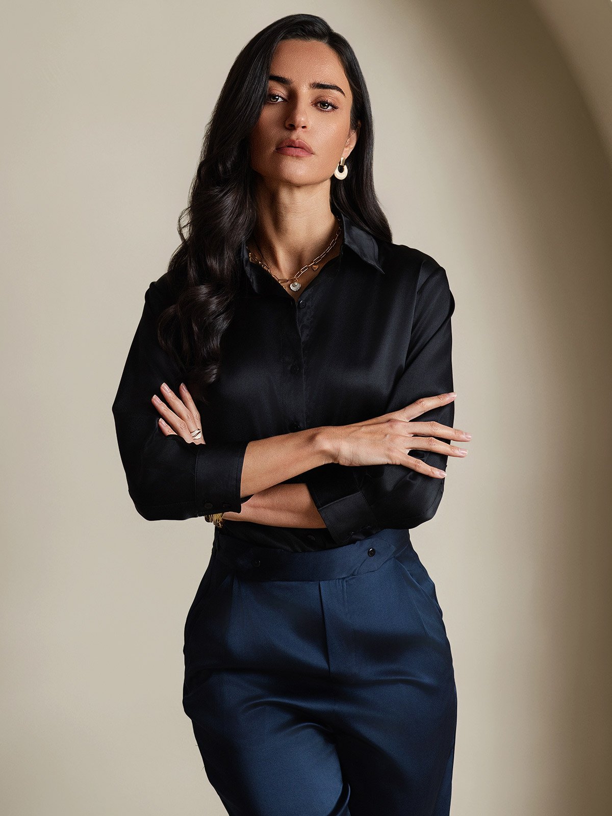 [Black] SilkSilky-AU 19Momme Silk 3/4 Sleeve Lapel Collar Women's Shirt 006