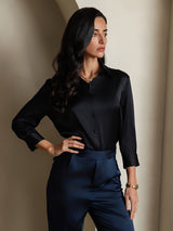 [Black] SilkSilky-AU 19Momme Stretch Silk Charmeuse 3/4 Sleeve Lapel Collar Women's Shirt 007