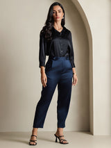 [Black] SilkSilky-AU 19Momme Stretch Silk Charmeuse 3/4 Sleeve Lapel Collar Women's Shirt 008