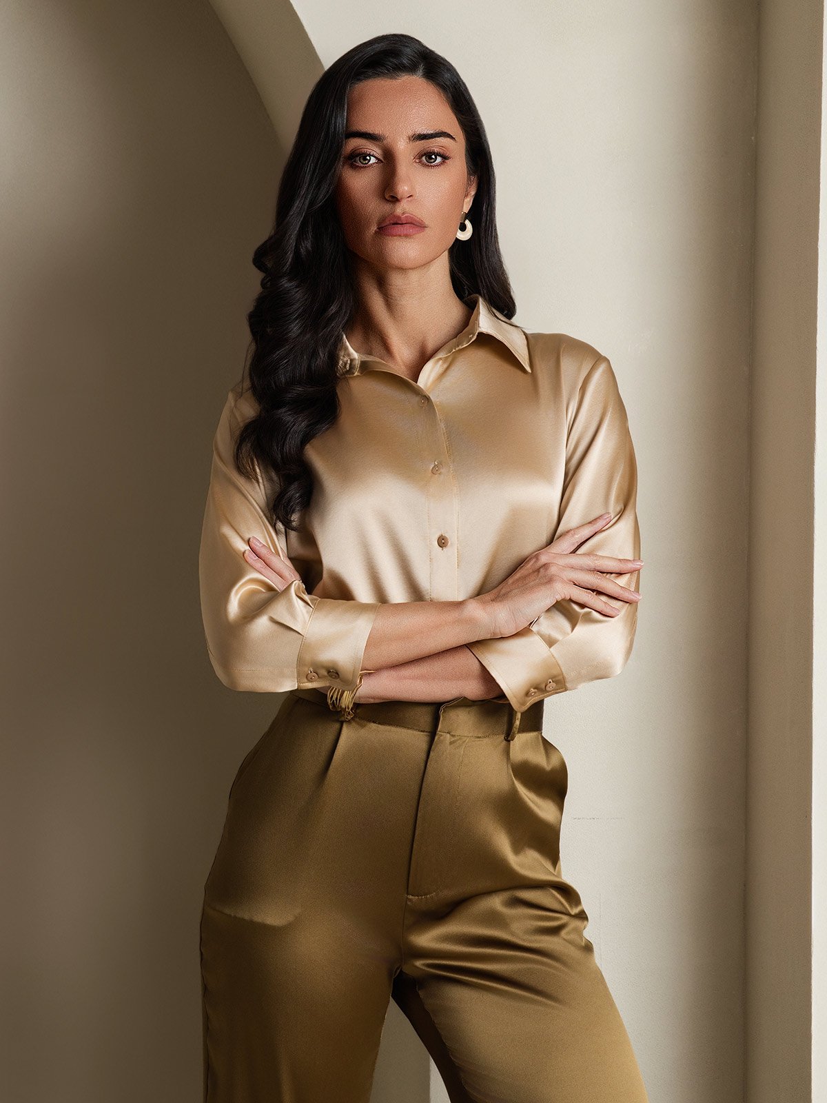 [Champagne] SilkSilky-AU 19Momme Silk 3/4 Sleeve Lapel Collar Women's Shirt 001