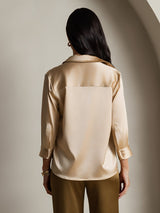 [Champagne] SilkSilky-AU 19Momme Stretch Silk Charmeuse 3/4 Sleeve Lapel Collar Women's Shirt 002