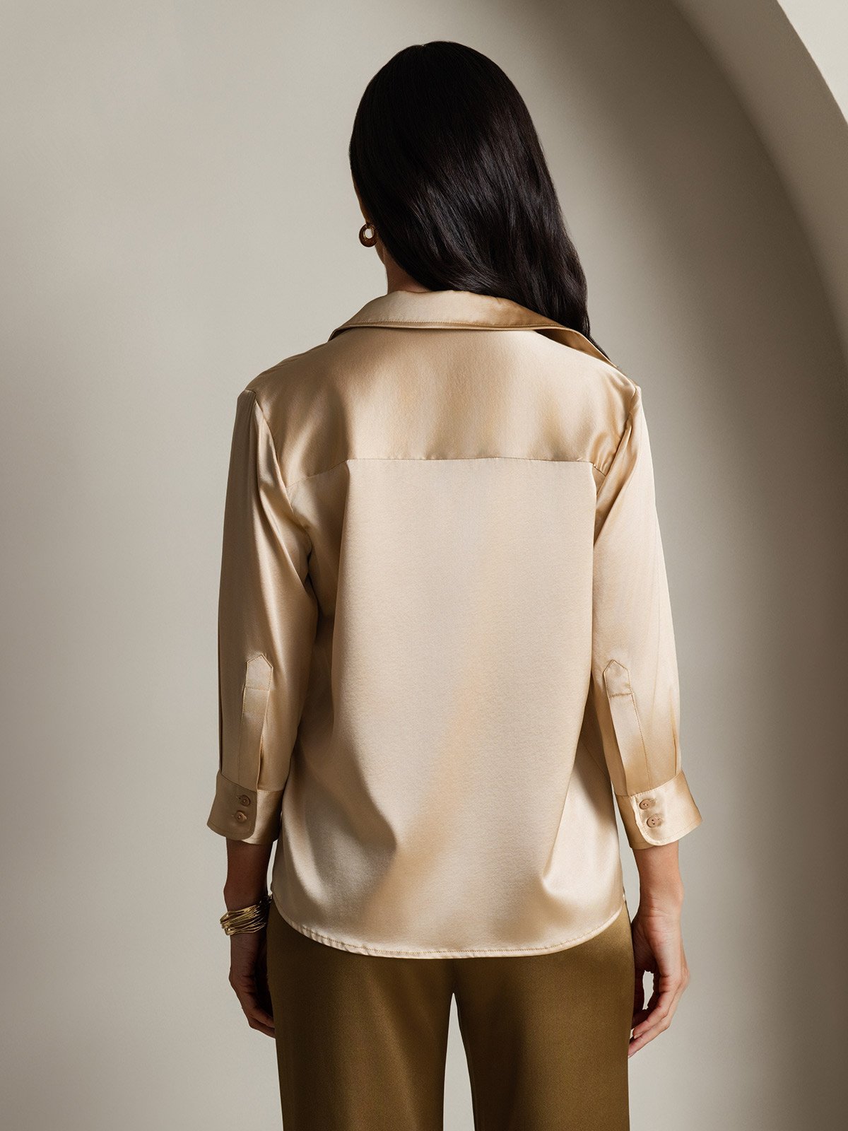 [Champagne] SilkSilky-AU 19Momme Silk 3/4 Sleeve Lapel Collar Women's Shirt 002