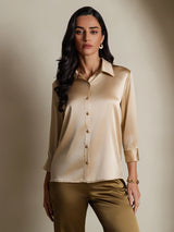 [Champagne] SilkSilky-AU 19Momme Stretch Silk Charmeuse 3/4 Sleeve Lapel Collar Women's Shirt 003