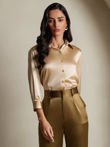[Champagne] SilkSilky-AU 19Momme Stretch Silk Charmeuse 3/4 Sleeve Lapel Collar Women's Shirt 004
