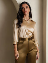 [Champagne] SilkSilky-AU 19Momme Stretch Silk Charmeuse 3/4 Sleeve Lapel Collar Women's Shirt 005