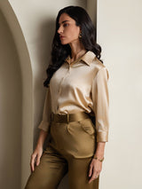 [Champagne] SilkSilky-AU 19Momme Stretch Silk Charmeuse 3/4 Sleeve Lapel Collar Women's Shirt 006