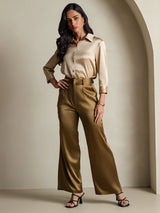 [Champagne] SilkSilky-AU 19Momme Stretch Silk Charmeuse 3/4 Sleeve Lapel Collar Women's Shirt 007