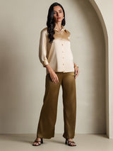 [Champagne] SilkSilky-AU 19Momme Stretch Silk Charmeuse 3/4 Sleeve Lapel Collar Women's Shirt 008