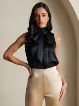 [Black] SilkSilky-AU 19Momme Stretch Silk Charmeuse Sleeveless High Neck Blouse 003