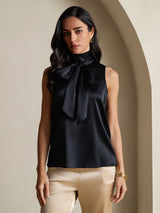 [Black] SilkSilky-AU 19Momme Stretch Silk Charmeuse Sleeveless High Neck Blouse 005
