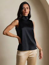 [Black] SilkSilky-AU 19Momme Stretch Silk Charmeuse Sleeveless High Neck Blouse 006