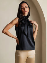 [Black] SilkSilky-AU 19Momme Stretch Silk Charmeuse Sleeveless High Neck Blouse 007
