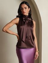 [Coffee] SilkSilky-AU 19Momme Stretch Silk Charmeuse Sleeveless High Neck Blouse 001