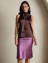 [Coffee] SilkSilky-AU 19Momme Stretch Silk Charmeuse Sleeveless High Neck Blouse 004