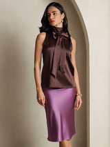 [Coffee] SilkSilky-AU 19Momme Stretch Silk Charmeuse Sleeveless High Neck Blouse 005