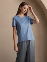[Blue] SilkSilky-AU 100% Silk Jersey Short Sleeve Round Neck Women's T-Shirt 003