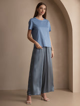 [Blue] SilkSilky-AU 100% Silk Jersey Short Sleeve Round Neck Women's T-Shirt 004
