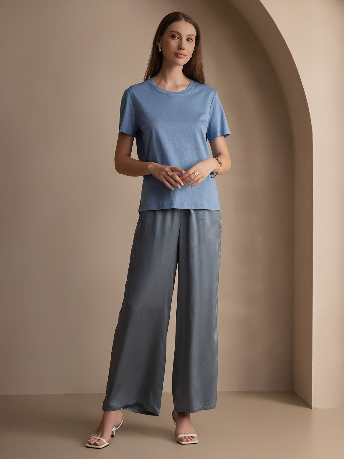 [Blue] SilkSilky-AU Short Sleeve Round Neck Women's T-Shirt 005