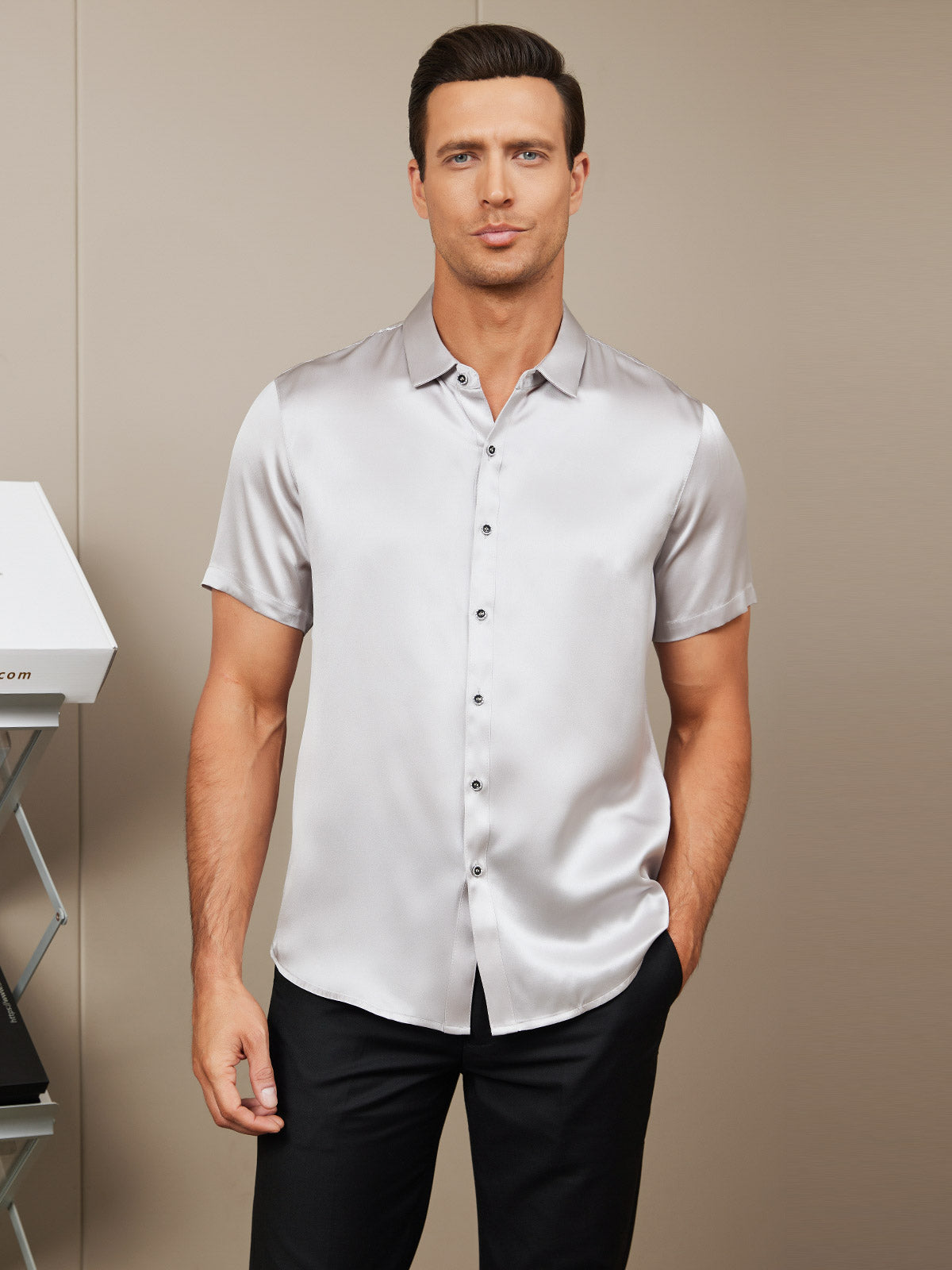 [Silver] SilkSilky-AU Silk Short Sleeve Collar Men's Shirt 001